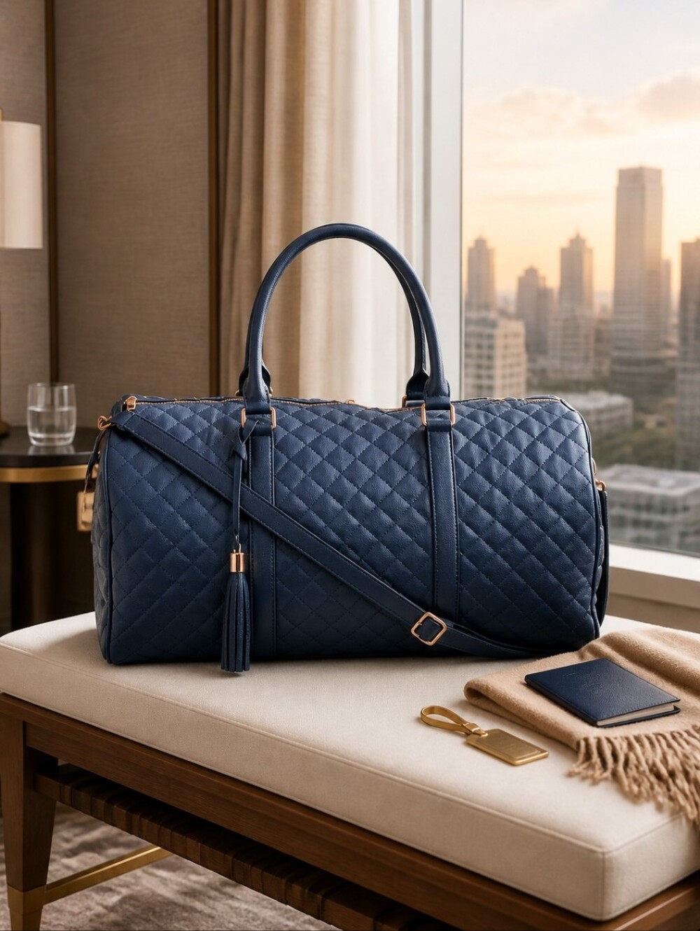 Quilted Dark Blue Travel Duffel Bag - Classic Women’s Weekender